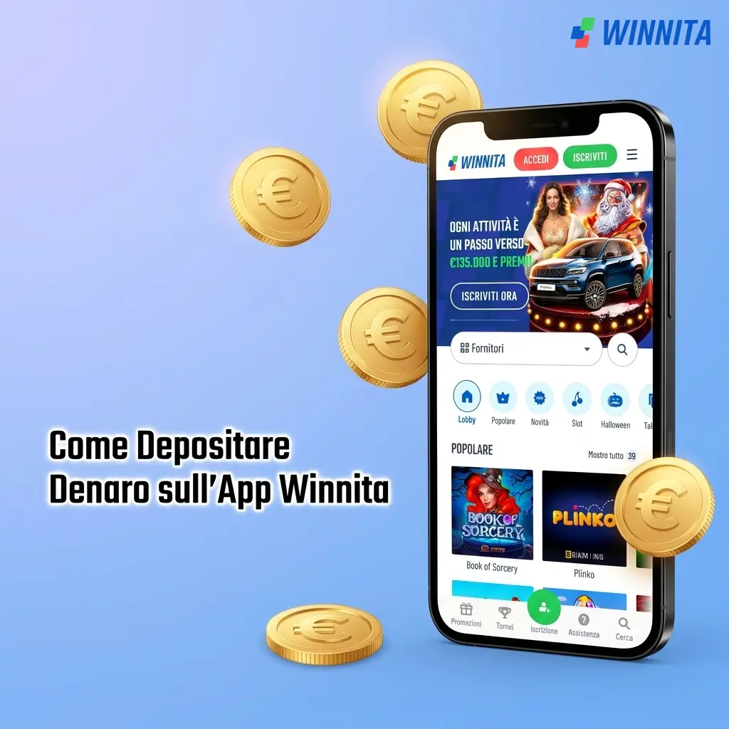 Schermata app Winnita con metodi di deposito italiani: Visa, Postepay, Apple Pay, Satispay e criptovalute in EUR