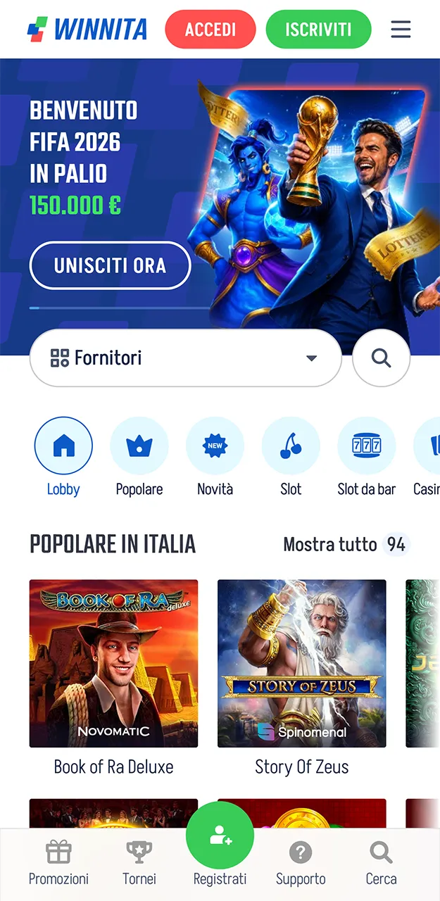 Pagina iniziale dell'app Winnita.