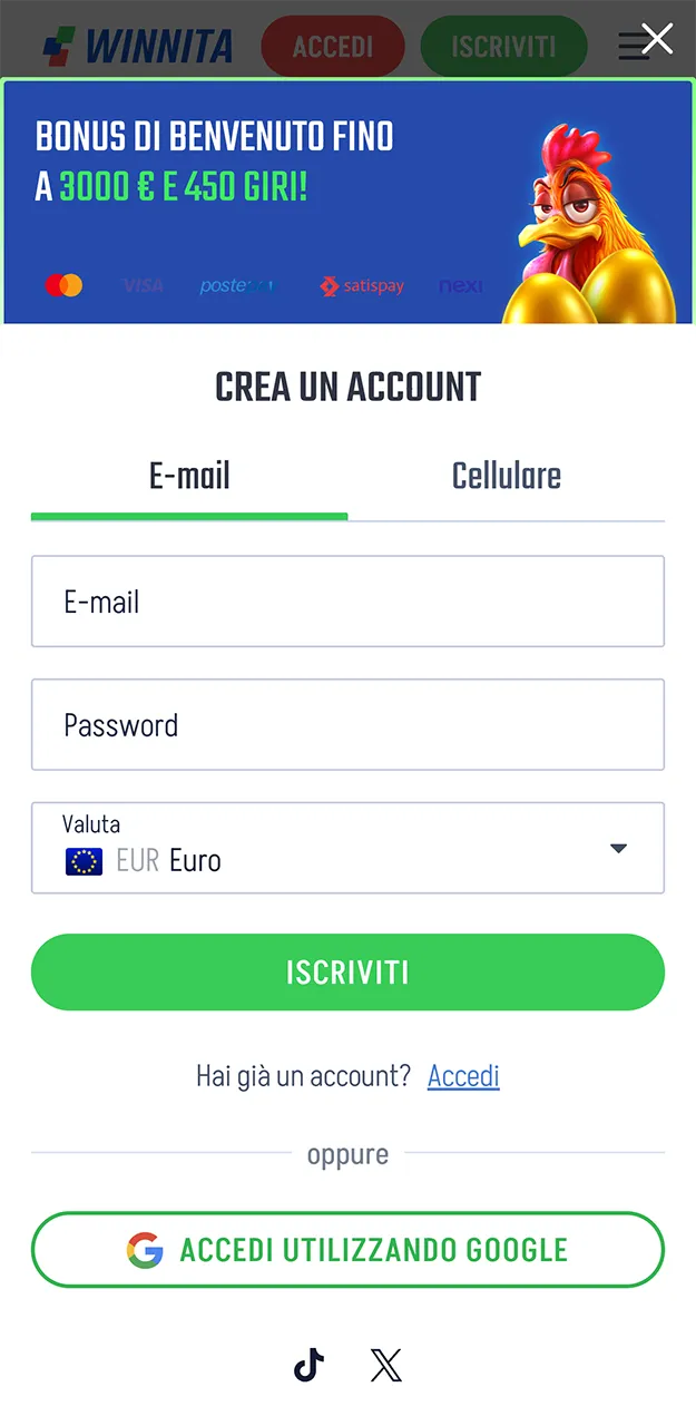Registrazione nell'app Winnita.