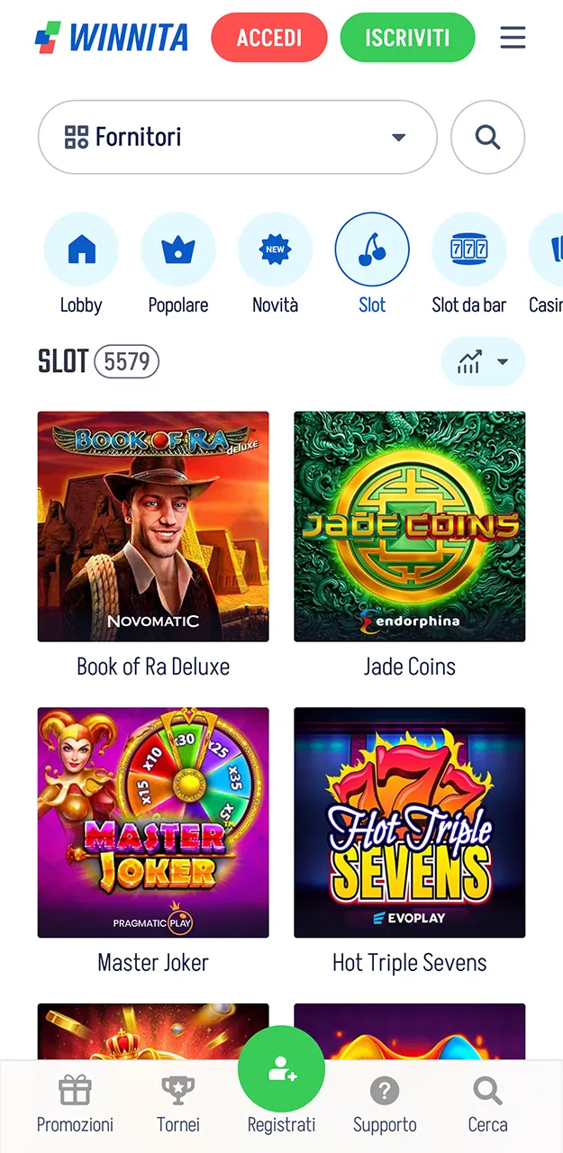 Slot e casinò dal vivo sul sito Winnita.