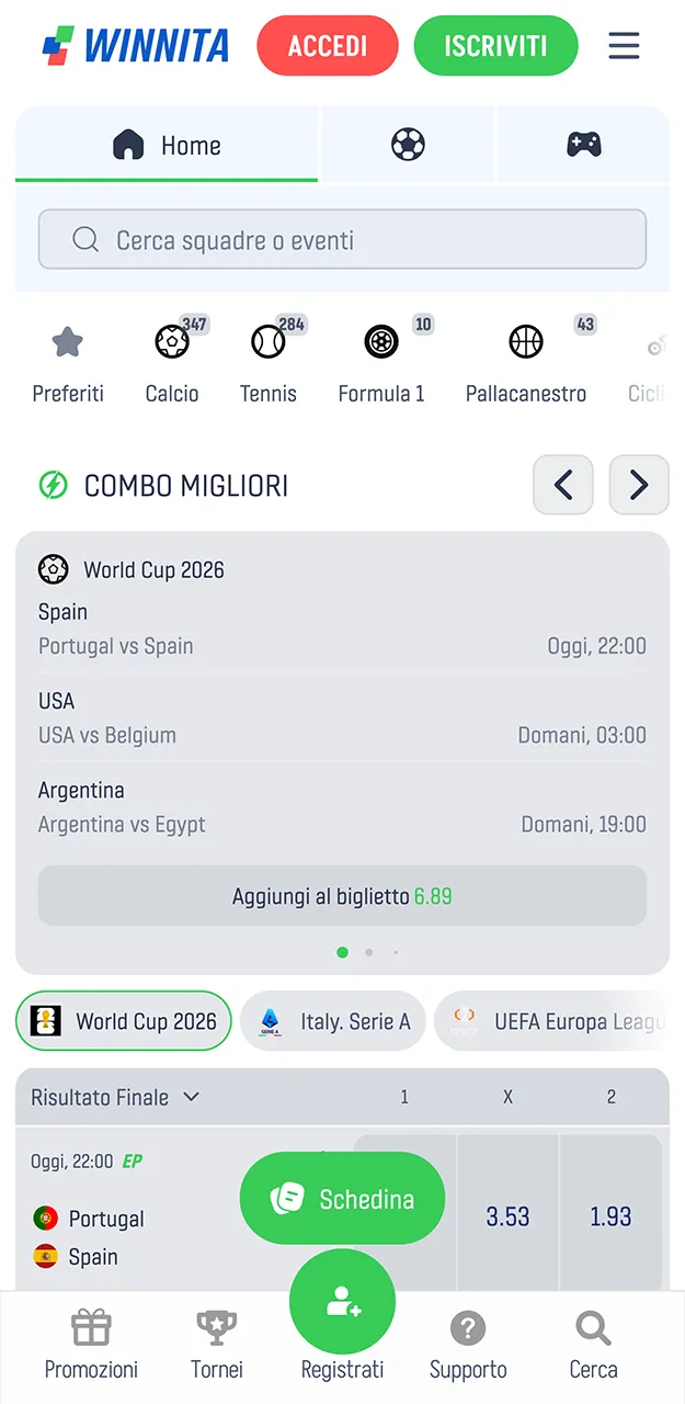 Scommesse sportive nell'app Winnita.