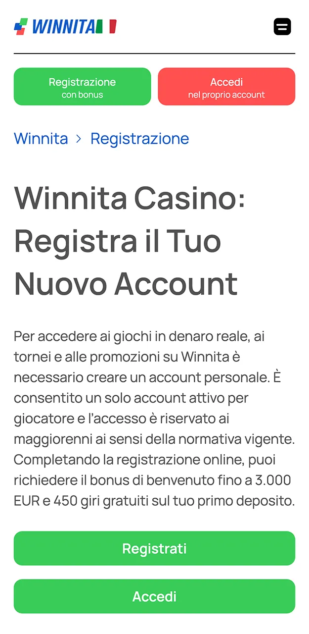 Avvia la procedura di registrazione di un account personale sul sito Winnita.