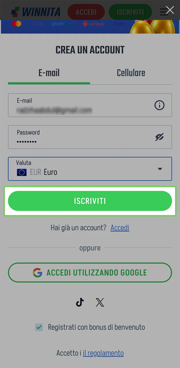 Completa la registrazione e immergiti nel mondo dei giochi d'azzardo del casinò Winnita.