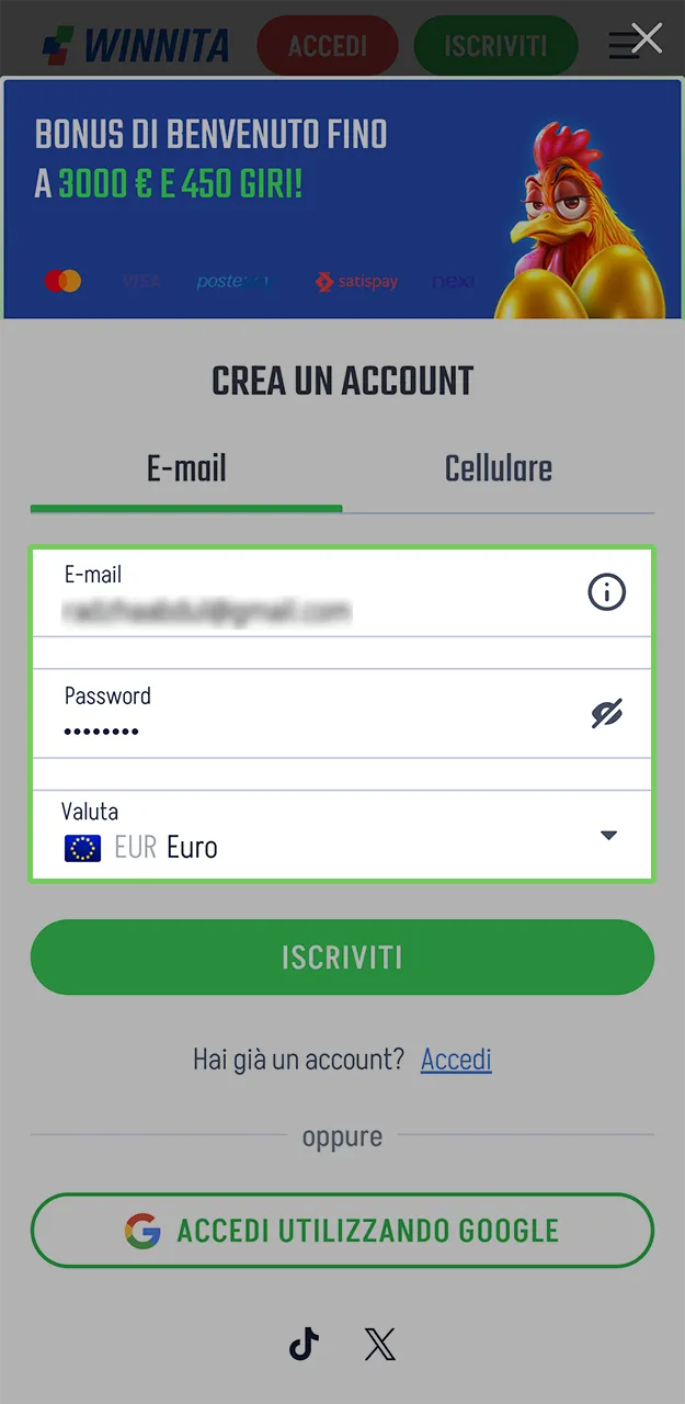 Inserisci solo dati veritieri e necessari per la registrazione dell'account sul sito Winnita.