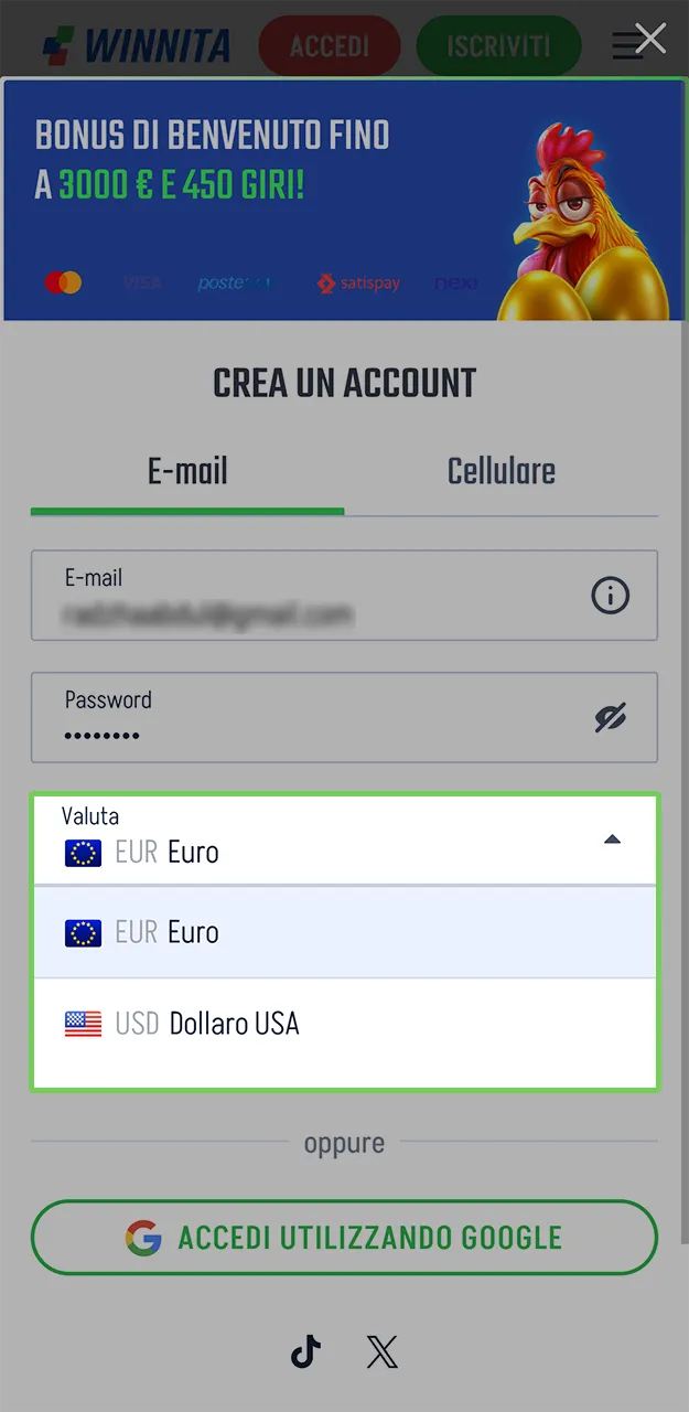 Scegli la valuta che preferisci al momento della registrazione sulla piattaforma Winnita.